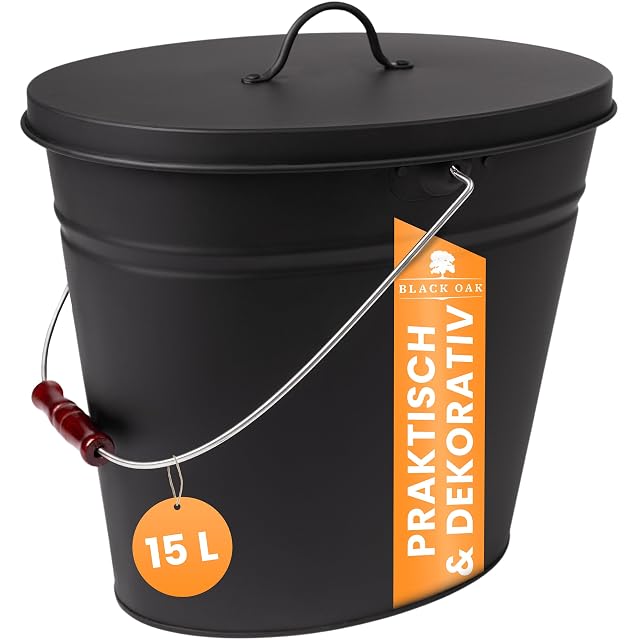 Un secchio per cenere ovale nero opaco da 20 litri, con base rialzata, impugnatura in legno e coperchio a misura