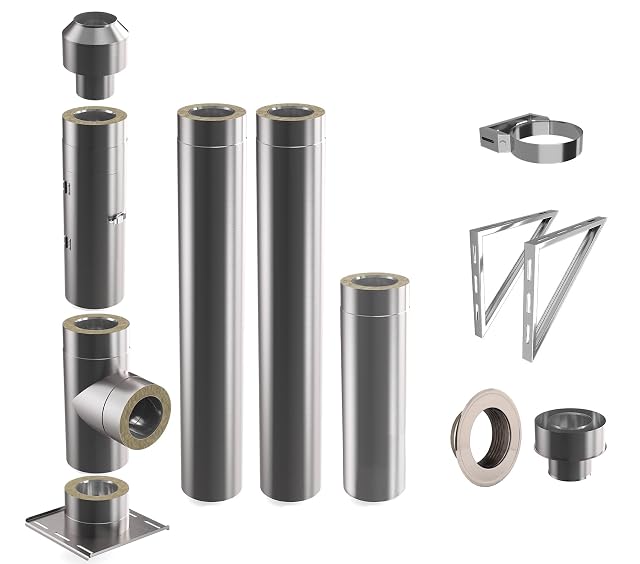 Un kit completo di camino in acciaio inox a doppia parete da 3,3 metri, con diametro interno di 150 millimetri