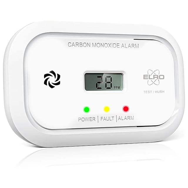 Rilevatore di monossido di carbonio ELRO FC5003 bianco, con display LCD rettangolare e pulsante di prova