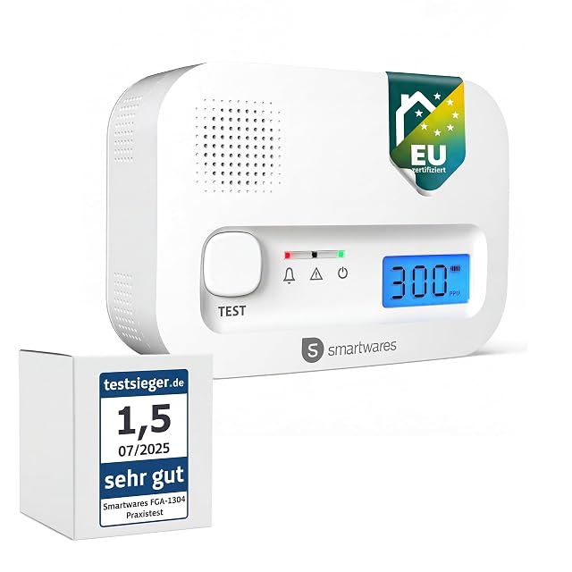 Rilevatore di monossido di carbonio Smartwares bianco, con display digitale e pulsante di prova centrale