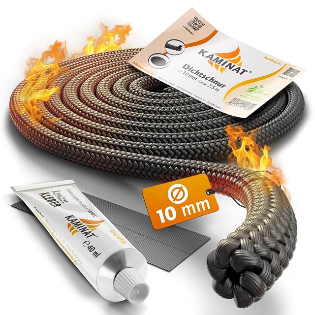 Un cordone tondo per porta di stufa da due metri e mezzo e sei millimetri, fornito con un tubetto di adesivo resistente al calore