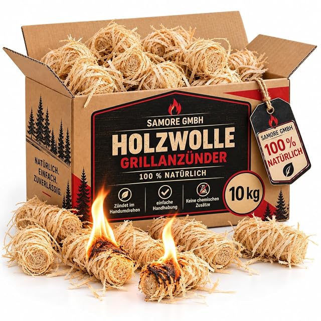 Una confezione senza plastica da dieci chili con circa ottocento accendifuoco in lana di legno imbevuti di cera vegetale