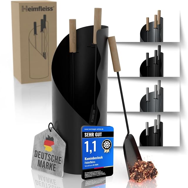 Un set di attrezzi da caminetto nero con manici in legno, in piedi su una base in silicone autoadesiva