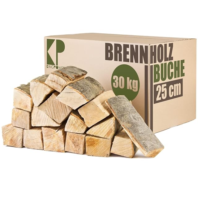 Un cartone da trenta chili di legna da ardere di faggio essiccata in cella, in tocchetti uniformi da venticinque centimetri