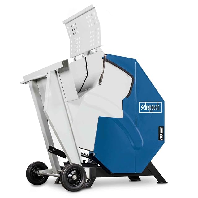 Una sega circolare a bilanciere con lama da 700 millimetri, aletta di protezione e ruote di trasporto integrate