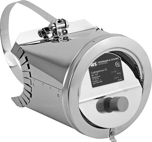 Un limitatore di tiraggio in acciaio inox con segmenti a rosetta per diametri di canna da centodieci a duecento millimetri