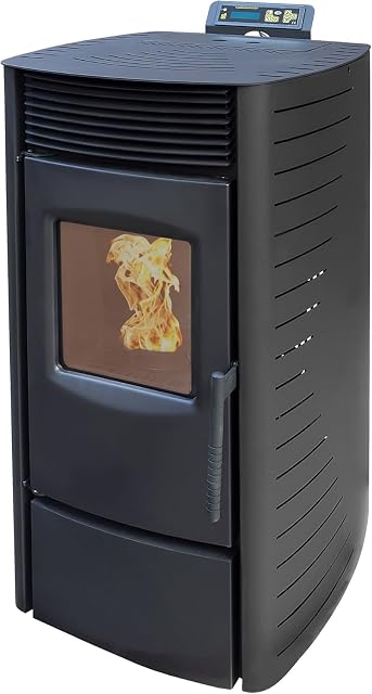 Stufa a pellet Nemaxx P9 nera, con display multifunzione sopra un’alta finestra del focolare
