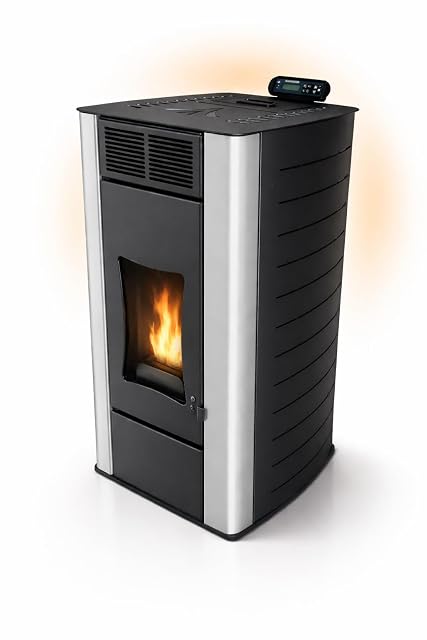 Stufa a pellet idro Umbrella P18 nera, con display di comando e ampio coperchio del serbatoio del pellet