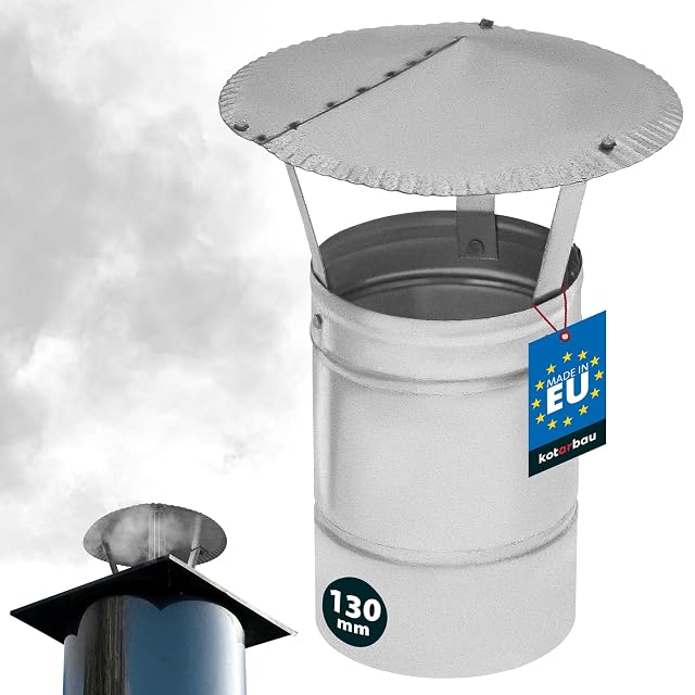 Un cappello antipioggia argentato in acciaio zincato con un tubo da centotrenta millimetri e una cappa da duecentotrenta