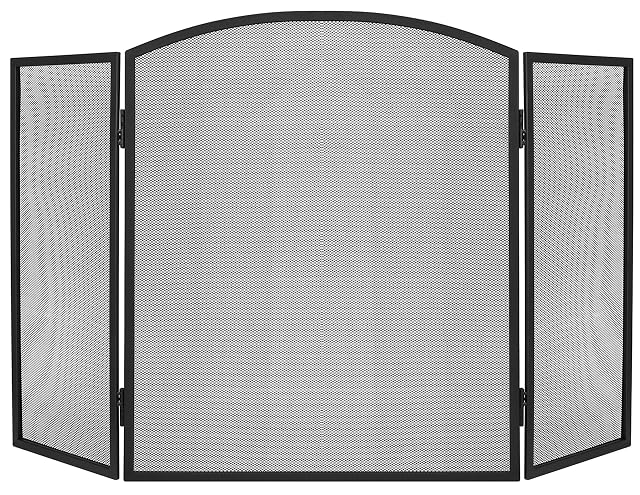 Un parascintille nero a tre pannelli con una rete in acciaio inox, lungo centodiciotto centimetri e alto settantasei e mezzo