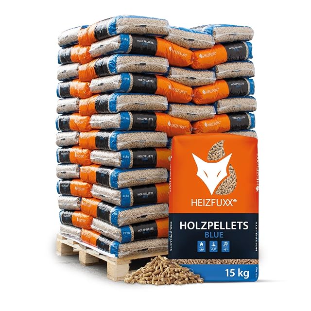 Un pallet da 975 kg di sessantacinque sacchi da 15 kg di pellet di legno tenero HEIZFUXX Blue ENplus A1
