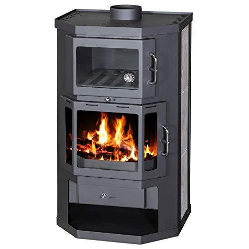 Stufa a legna Victoria Taro F nera con rivestimento in ceramica, vano da forno e piano di cottura in ghisa
